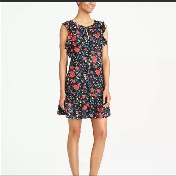 J. Crew Floral Flutter Sleeve Shift Dress Small Black Red #7 - Picture 8 of 11